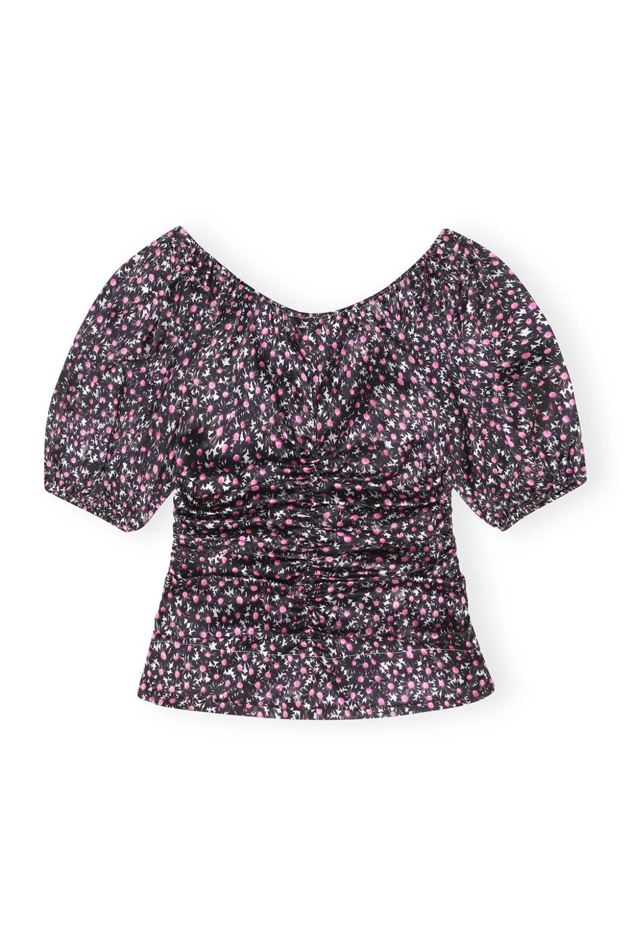 Shop GANNI Silk-Stretch-Satin-Bluse Mit Ruschen Black