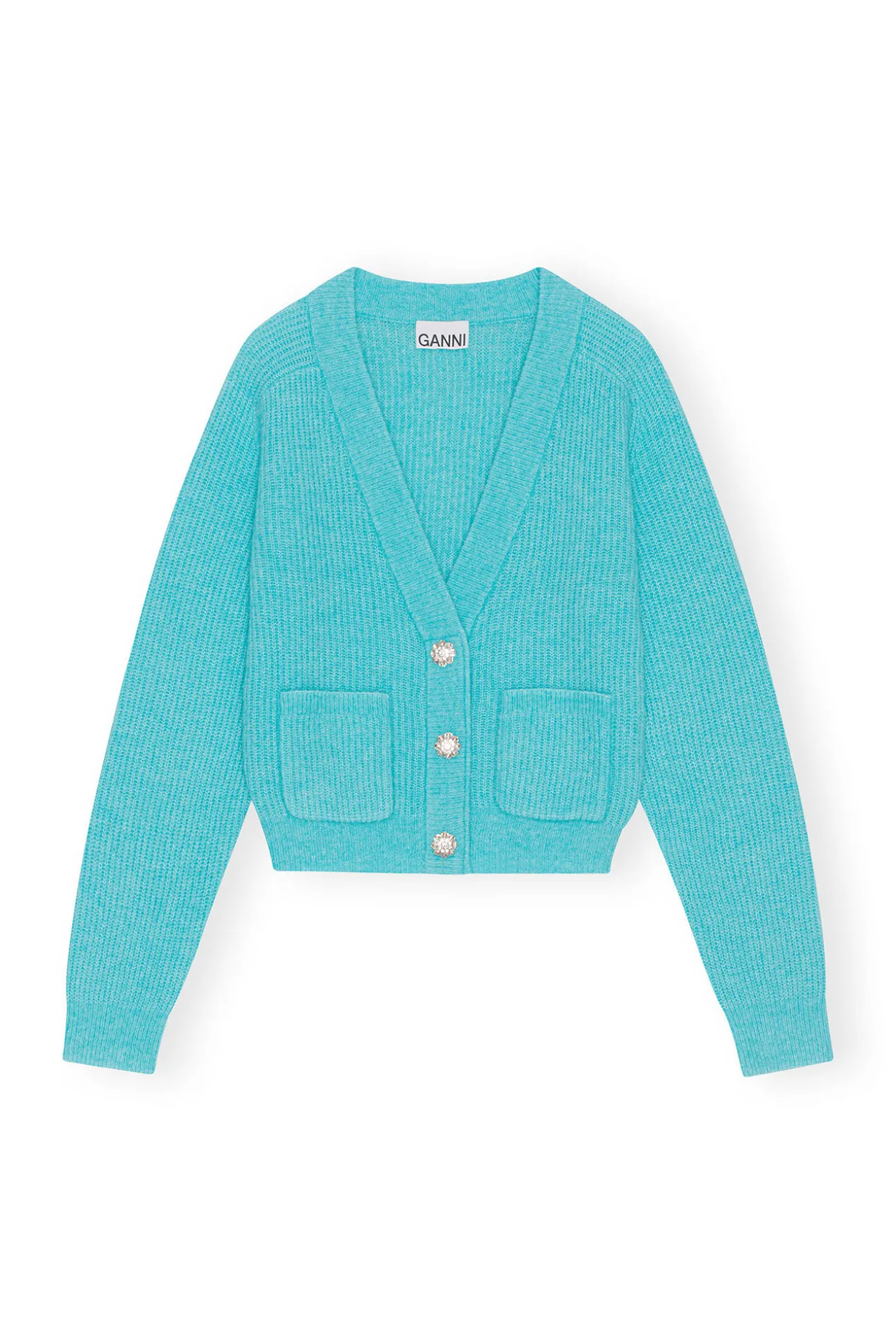 New GANNI Soft Wool Cardigan Solid Blue Curacao