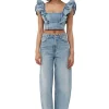 Best GANNI Stretch-Denim-Ruschenoberteil Light Blue Vintage