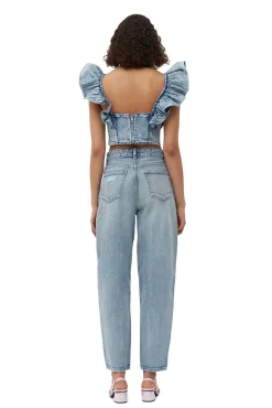 Best GANNI Stretch-Denim-Ruschenoberteil Light Blue Vintage