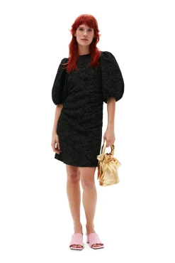 Sale GANNI Stretch-Jacquard-Minikleid Mit Puffarmeln Black
