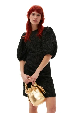 Sale GANNI Stretch-Jacquard-Minikleid Mit Puffarmeln Black