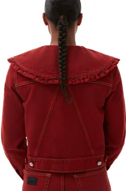 Cheap GANNI Uberfarbte Denimjacke Mit Ruschenkragen Racing Red