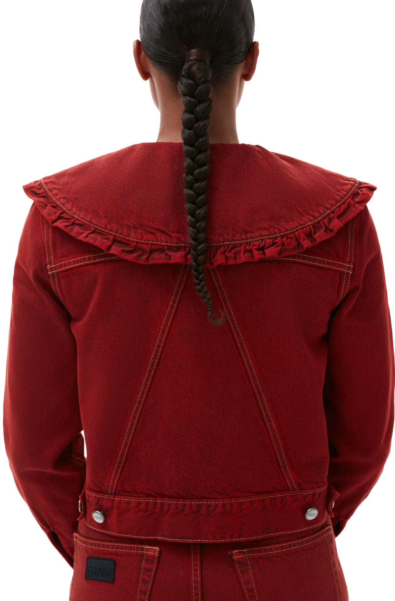 Cheap GANNI Uberfarbte Denimjacke Mit Ruschenkragen Racing Red