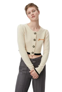 Store GANNI Verkurzte Strickjacke Mit O-Ausschnitt Alabaster Gleam