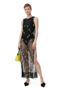 Online GANNI Verziertes Mesh-Slip-Kleid Black
