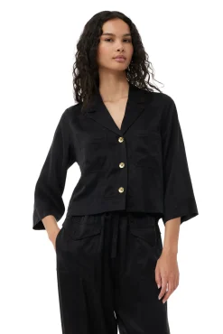 Shop GANNI Washed-Satin-Crop-Shirt Black