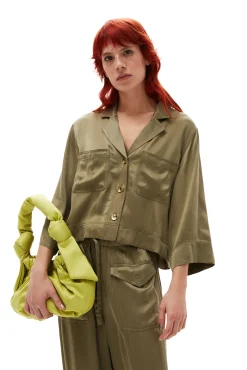 Cheap GANNI Washed-Satin-Crop-Shirt Aloe