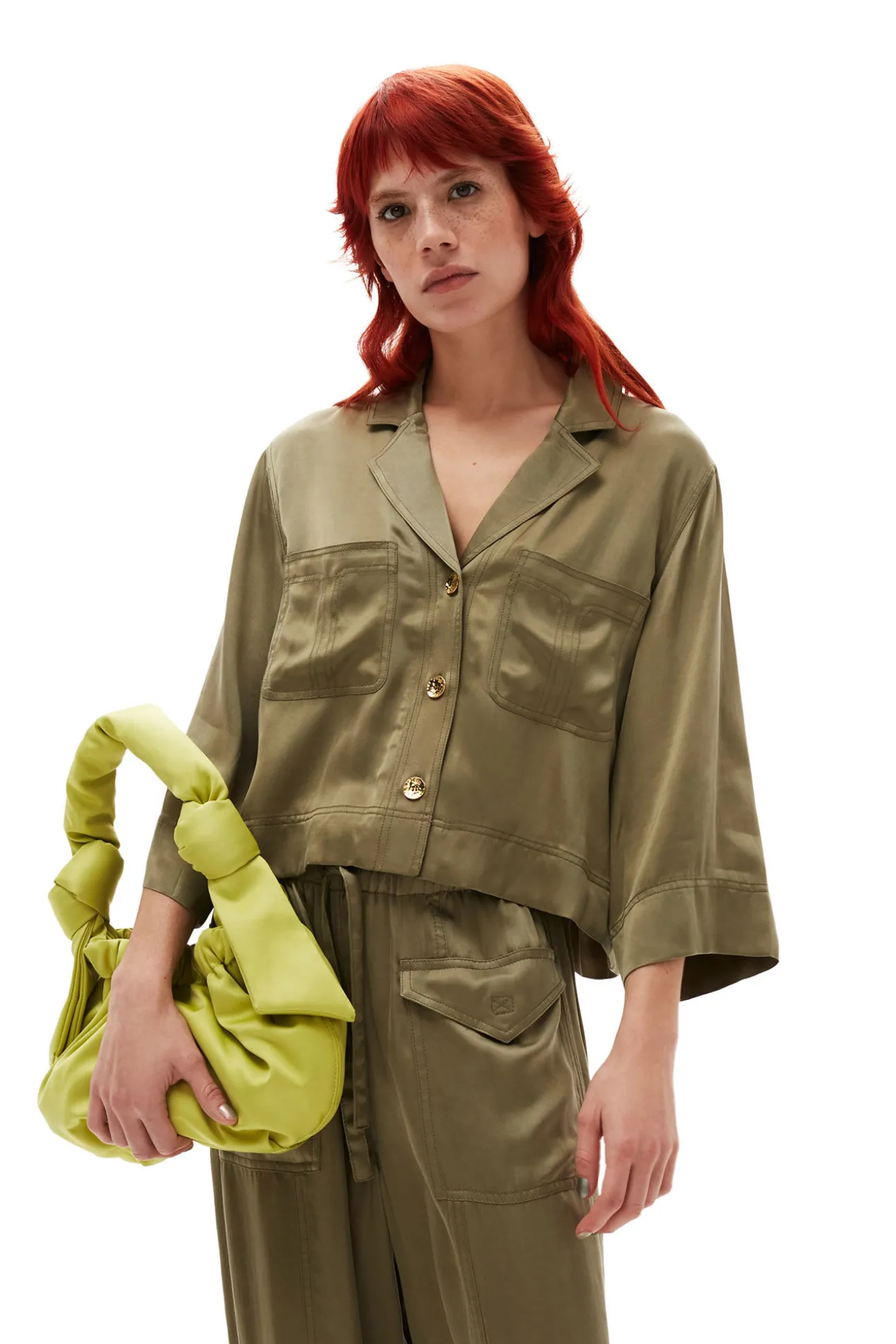 Cheap GANNI Washed-Satin-Crop-Shirt Aloe