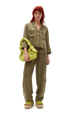 Cheap GANNI Washed-Satin-Crop-Shirt Aloe
