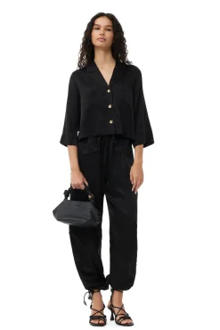 Shop GANNI Washed-Satin-Crop-Shirt Black