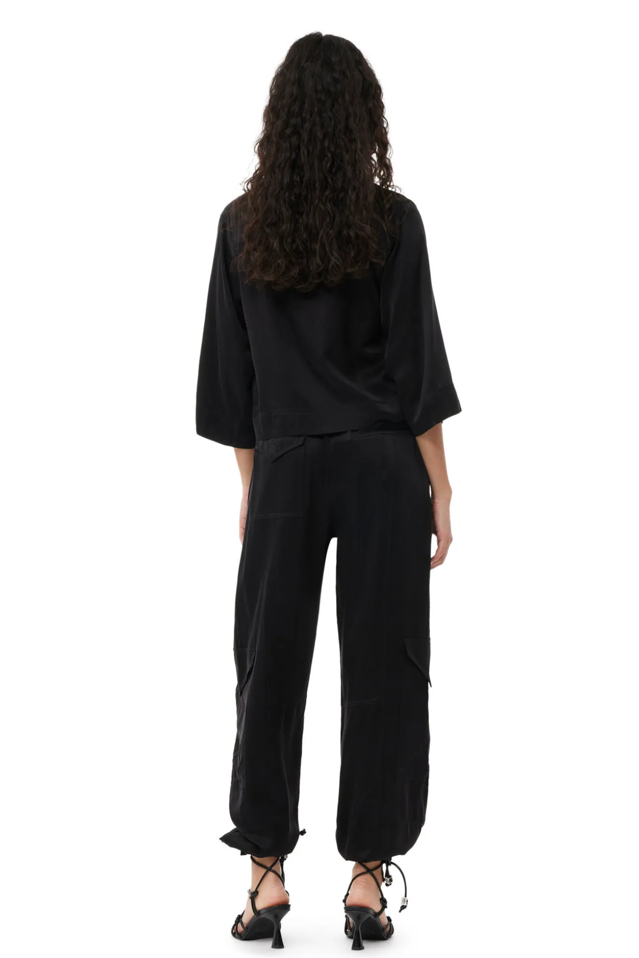 Shop GANNI Washed-Satin-Crop-Shirt Black