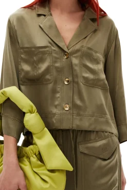 Cheap GANNI Washed-Satin-Crop-Shirt Aloe
