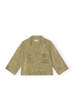 Cheap GANNI Washed-Satin-Crop-Shirt Aloe