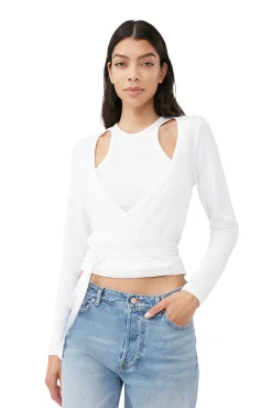 Cheap GANNI Wickelbluse Aus Rib Jersey Bright White